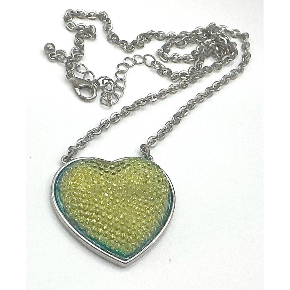 Glitter Heart‎ Pendant Necklace Green Resin Sparkle Charm Reversible
